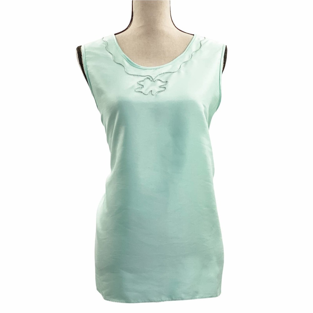 MAGGIE Sweet Turquoise Blue Sleeveless Embroidered Silky Blouse Large